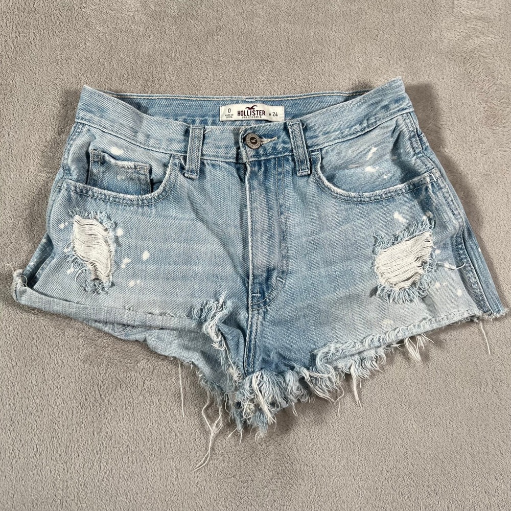 Hollister Denim Shorts Women's Size 0 Blue Distressed High Rise Light Wash Paint